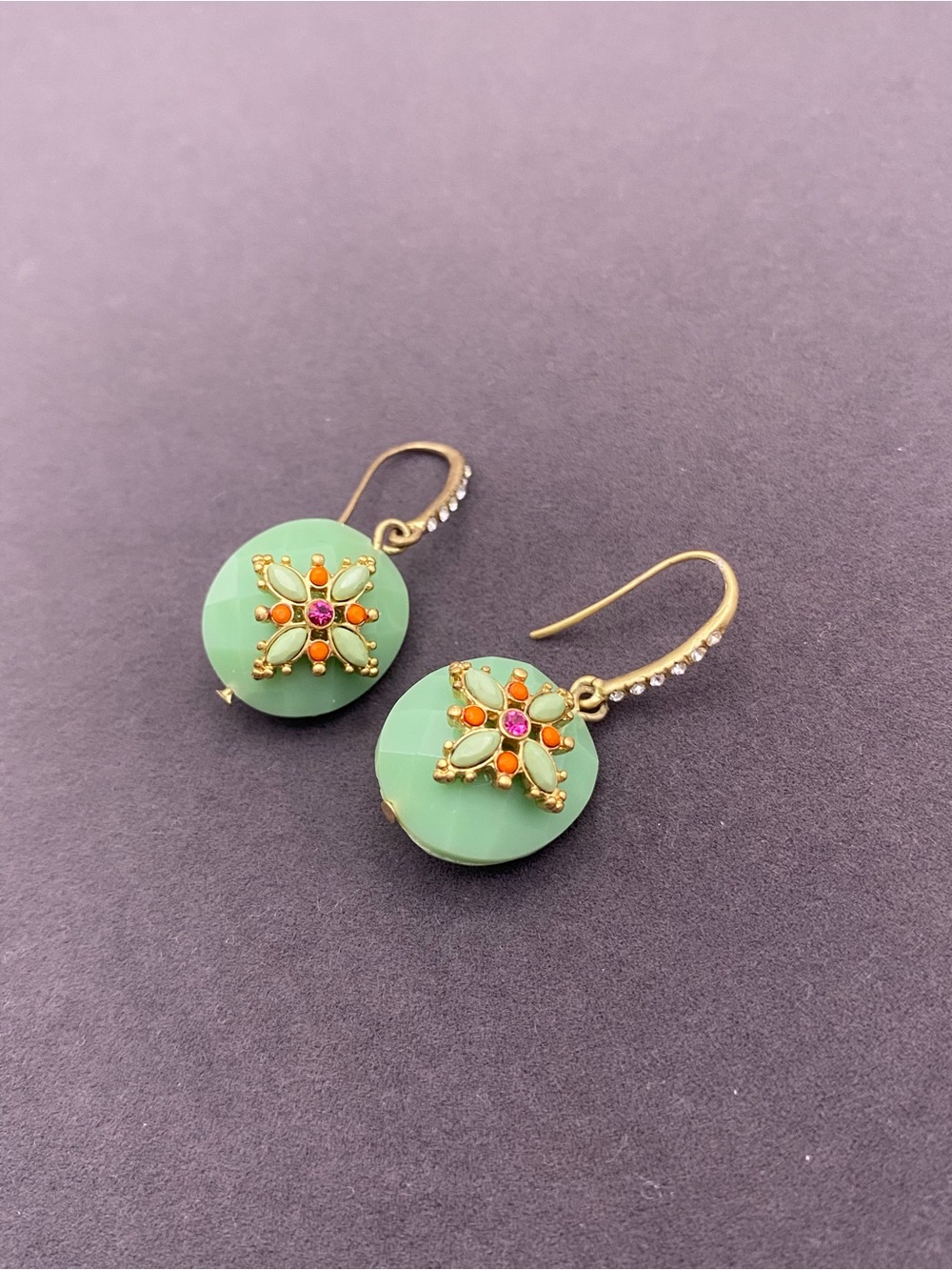 Green Drop Earrings with Gold Accents and Colorful Accents - Picture 7 of 9